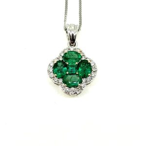 VCA Style Emerald and Diamond Floral Cluster Pendant Necklace