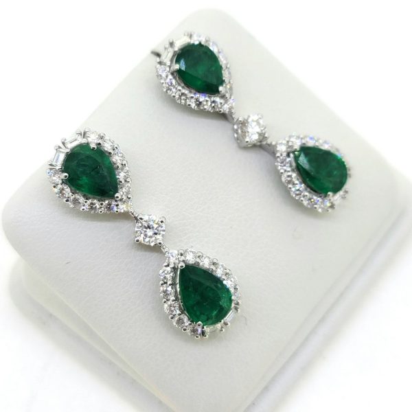 3.5ct Pear Cut Emerald and Diamond Double Cluster Drop Earrings in 18ct white gold