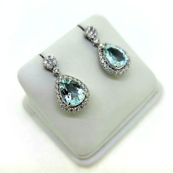 4.30ct Pear Cut Aquamarine and Diamond Cluster Drop Earrings