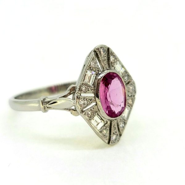 Modern Oval Pink Sapphire and Diamond Cluster Plaque Ring in Platinum