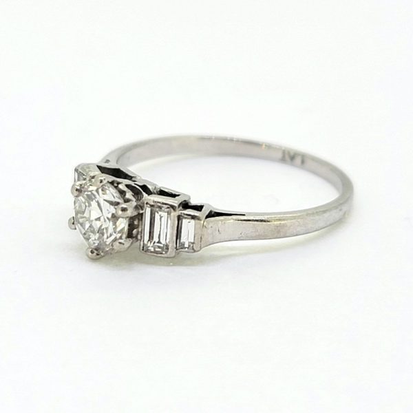 Art Deco 0.65ct Diamond Solitaire Engagement Ring with Baguette Sides in Platinum