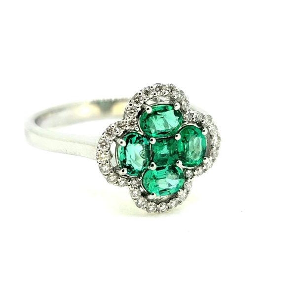 VCA Style Emerald and Diamond Floral Cluster Dress Ring in 18ct white gold