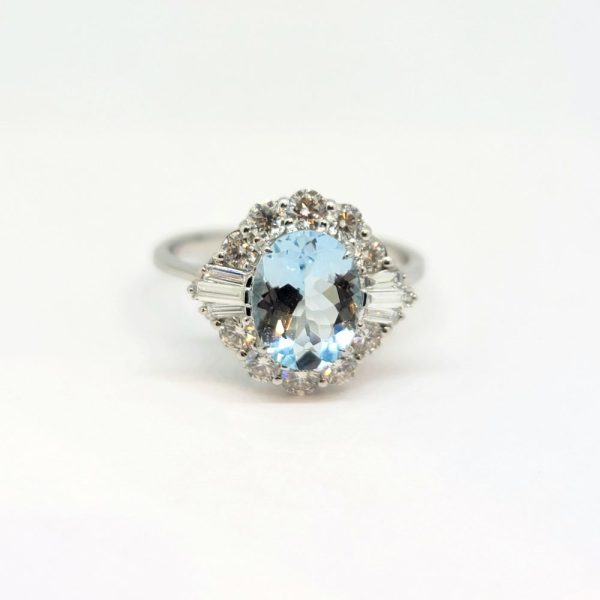 1.50ct Aquamarine and Diamond Cluster Engagement Ring, with 1ct brilliant and baguette cut diamond surround