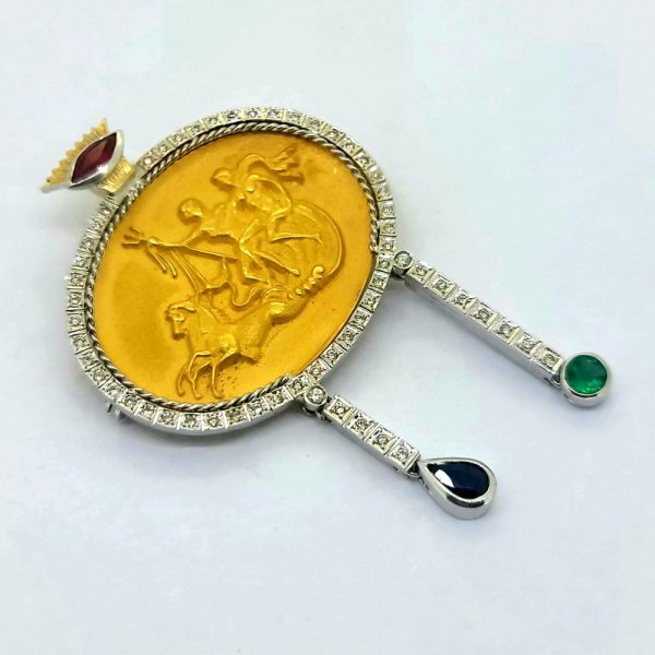 Poseidon Oval Gold Plaque Brooch with Diamonds and Multi Gemstones