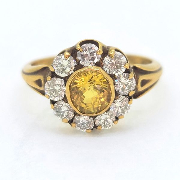 Antique Style 1.20ct Yellow Sapphire and Diamond Cluster Engagement Ring in 18ct Yellow Gold