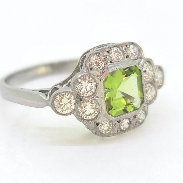 0.90ct Octagonal Step Cut Peridot and Diamond Cluster Engagement Ring in Platinum