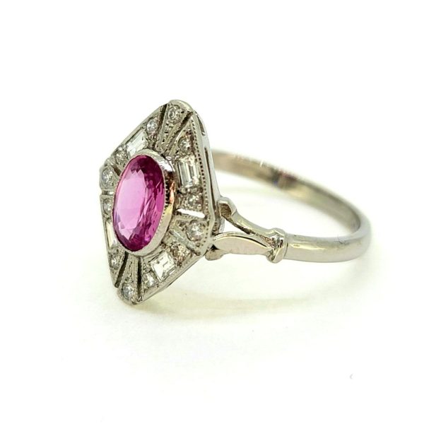 Contemporary Oval Pink Sapphire and Diamond Cluster Plaque Ring in Platinum