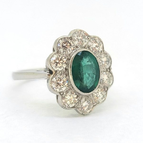 Modern Emerald and Diamond Flower Cluster Engagement Ring in Platinum