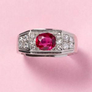 Art Deco Natural No Heat Burma Ruby and Old Cut Diamond Ring in Platinum