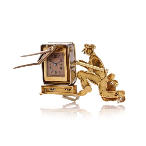 Vintage Gold Jewelled Safe Cracker Lapel Brooch with Watch, designed as a safe cracker set with diamonds, rubies and sapphires