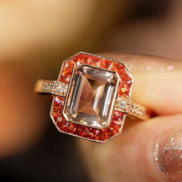 2.25ct Emerald Cut Morganite and Orange Sapphire Cluster Ring with Diamond Shoulders in Rose Gold