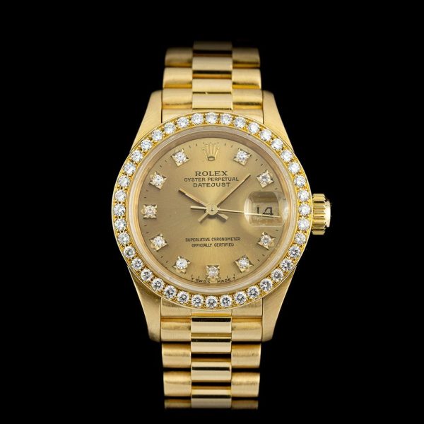 Rolex Lady Datejust 69138 Watch with Factory Set Diamond Bezel, 18ct yellow gold 26mm case champagne dial factory set diamond dot hour markers