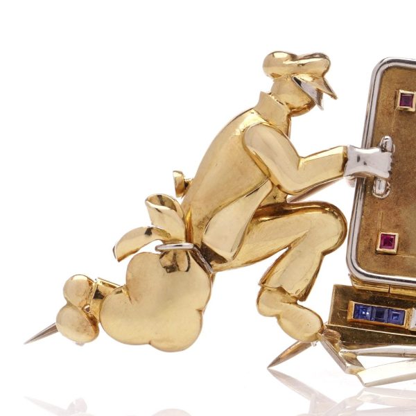 Vintage Gold Jewelled Safe Cracker Lapel Brooch with Watch, designed as a safe cracker set with diamonds, rubies and sapphires