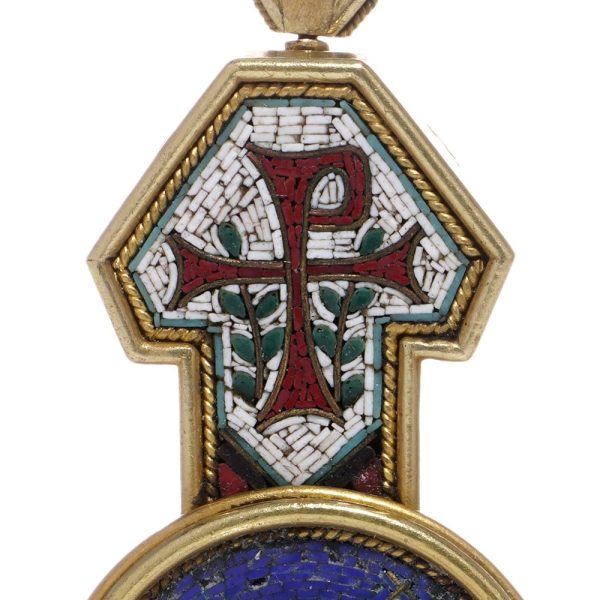 Antique Italian Micro Mosaic Cross Pendant come Brooch with Vatican Stamp, 22ct yellow gold cross shaped pendant-come-brooch with detailed micro mosaic work depicting religious and symbolic motifs