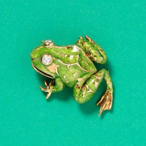 Vintage Van Cleef Arpels Diamond Green Enamel 18ct Yellow Gold Frog Brooch, with master mark Ste. J. for Atelier Janca