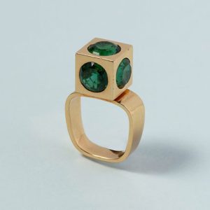 Vintage Green Tourmaline and Gold Geometric Cube Statement Ring by Trudel, 18ct yellow gold cube set with 11.46cts five bright green tourmalines to a rounded square shank, Rudolf Trudel Kurt Aepli, Switzerland, Circa 1970