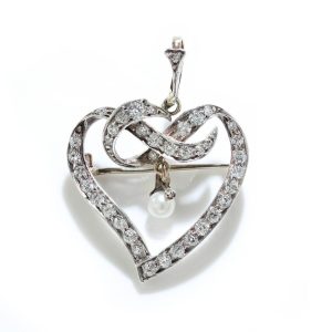 Art Deco Heart Brooch/Pendant with Old Cut Diamonds In 15 Carat Gold And Silver