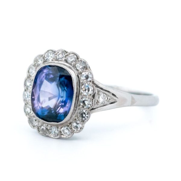 Sapphire and diamond cluster ring in platinum.