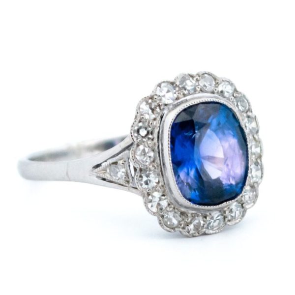 Sapphire and diamond cluster ring in platinum.