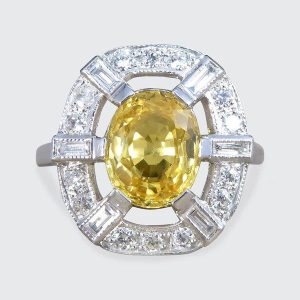 2.10 Carat Yellow Sapphire And Diamond Cluster Ring In Platinum