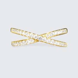 Diamond crossover ring in yellow gold.