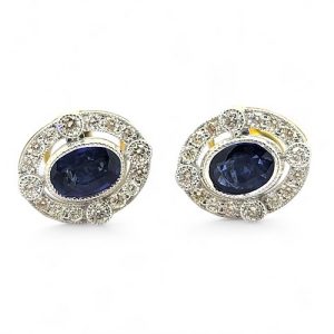 1.16ct Oval Sapphire and Diamond Halo Cluster Stud Earring, oval sapphires surrounded by outer halos of diamonds in 18ct white and yellow gold