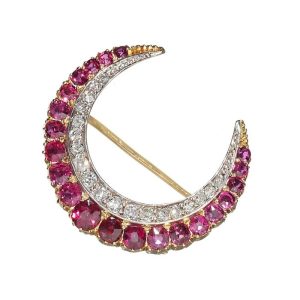 Late Victorian Antique Ruby and Diamond Crescent Brooch