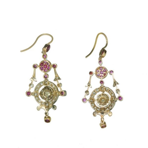 Victorian Antique Ruby and Old Cut Diamond Cluster Drop Earrings, cushion cut rubies, old-cut and rose-cut diamonds in silver upon gold, Circa 1880