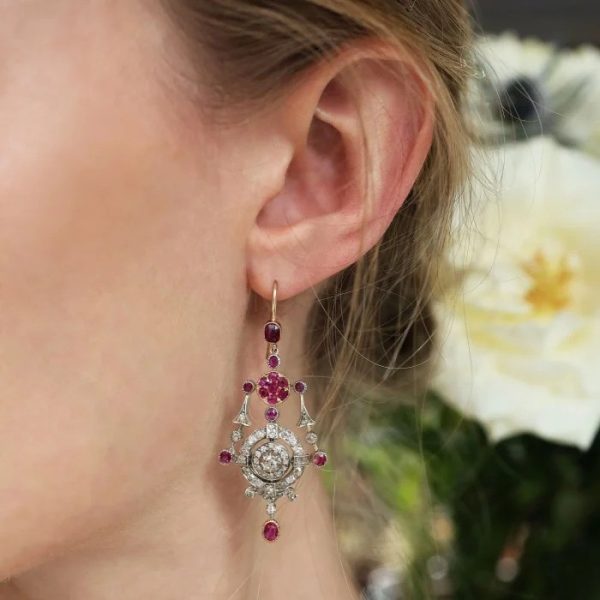 Victorian Antique Ruby and Old Cut Diamond Cluster Drop Earrings, cushion cut rubies, old-cut and rose-cut diamonds in silver upon gold, Circa 1880