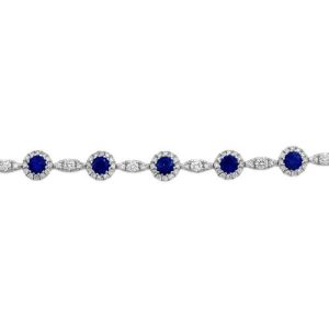 2.36 Sapphire and Diamond Cluster Line Tennis Bracelet, sapphire and diamond clusters connected via marquise/navette shaped links set with sparkling diamonds in 18ct white gold