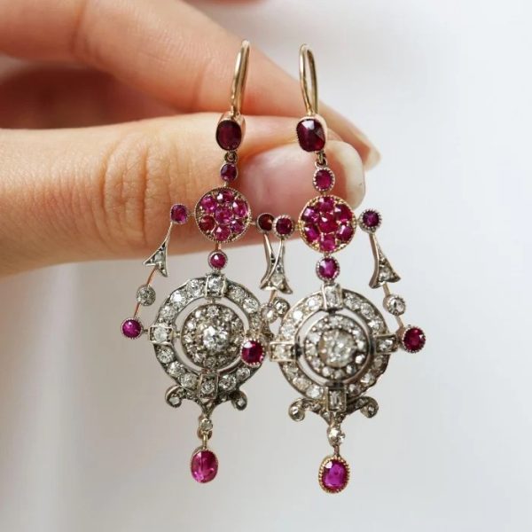 Victorian Antique Ruby and Old Cut Diamond Cluster Drop Earrings, cushion cut rubies, old-cut and rose-cut diamonds in silver upon gold, Circa 1880