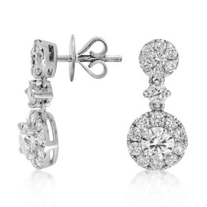 Diamond Double Cluster Drop Earrings, 0.66 carats, circular diamond cluster stud tops suspend diamond cluster pendant drops via solitaire diamond links in 18ct white gold