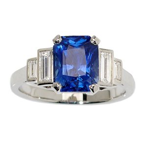 3ct Ceylon Sapphire and Baguette Diamond Engagement Ring