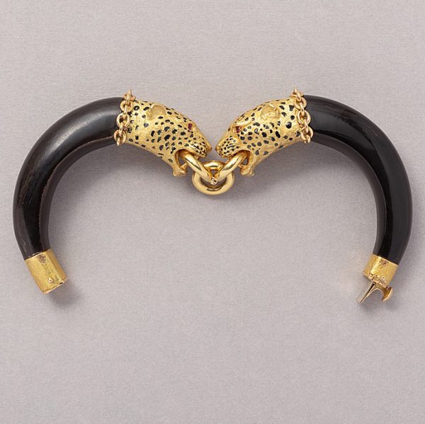 Vintage Gold Panther Head and Wood Bangle Bracelet