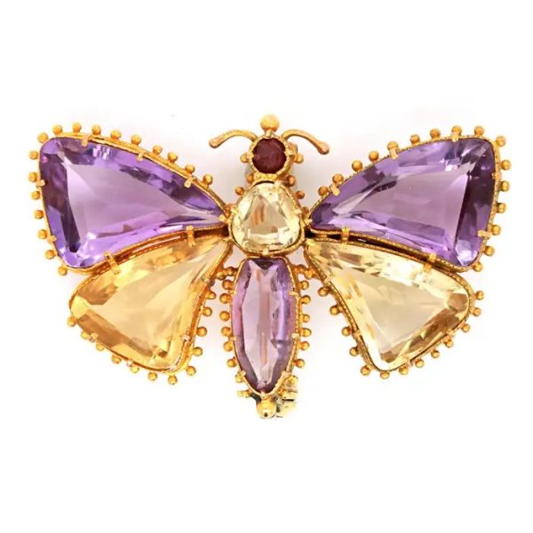 Antique Regency Amethyst and Citrine Butterfly Brooch with rose-cut garnet head in 18ct yellow gold with beaded gold borders. Early 19th century Circa 1810s