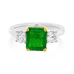 2.48ct Emerald and Diamond Three Stone Engagement Ring, 2.48ct octagonal-cut emerald flanked by round brilliant-cut diamonds in platinum