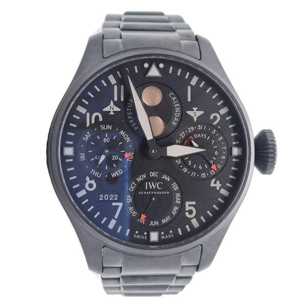 IWC Big Pilot Top Gun Black Ceramic IW503604 Watch, 6240254 black ceramic case black dial with perpetual calendar and moon phase indicator on a Ceratanium IWC bracelet with box and papers