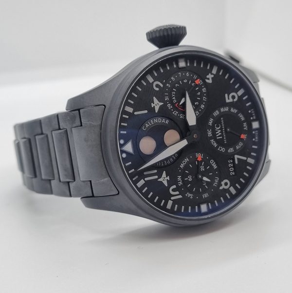 IWC Big Pilot Top Gun Black Ceramic IW503604 Watch, 6240254 black ceramic case black dial with perpetual calendar and moon phase indicator on a Ceratanium IWC bracelet with box and papers