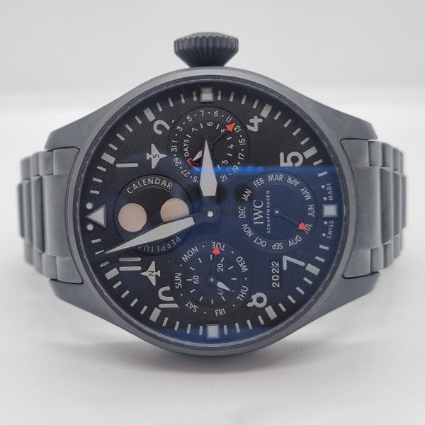 IWC Big Pilot Top Gun Black Ceramic IW503604 Watch, 6240254 black ceramic case black dial with perpetual calendar and moon phase indicator on a Ceratanium IWC bracelet with box and papers