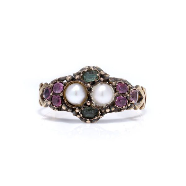 Victorian gold ring with pearls, amethysts, and emeralds.