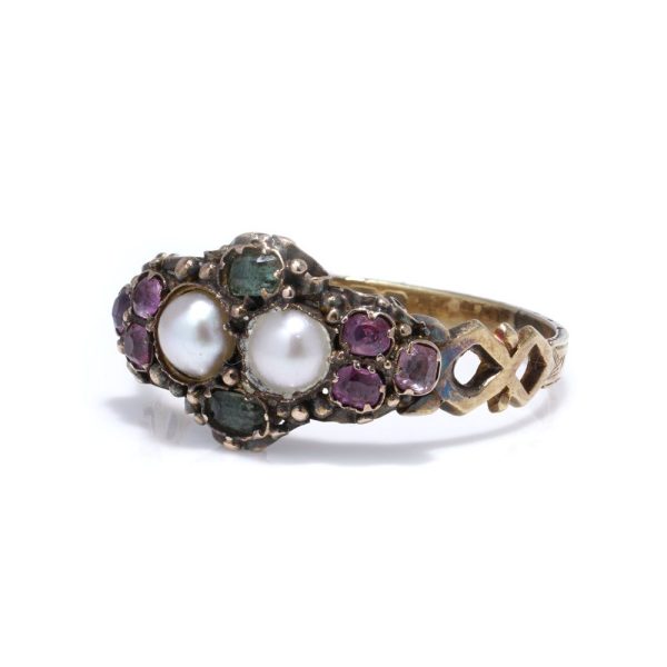 Victorian gold ring with pearls, amethysts, and emeralds.