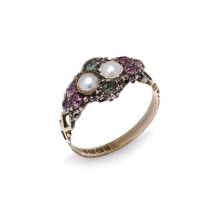 Victorian 18 Carat Gold Ring With Pearls, Amethysts, And Emeralds