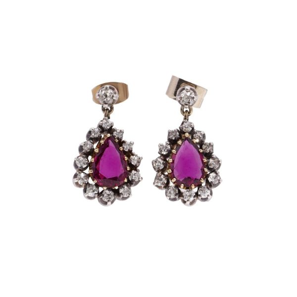 Victorian ruby and diamond drop earrings in gold and silver.