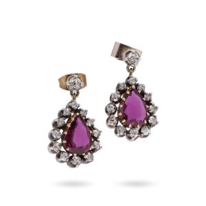 Victorian ruby and diamond drop earrings in gold and silver.