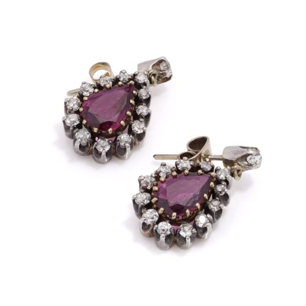 Victorian ruby and diamond drop earrings in gold and silver.