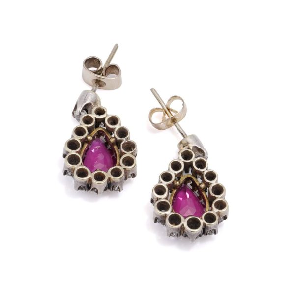 Victorian ruby and diamond drop earrings in gold and silver.