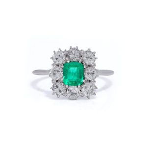 Art Deco Platinum Emerald and Diamond Cluster Engagement Ring