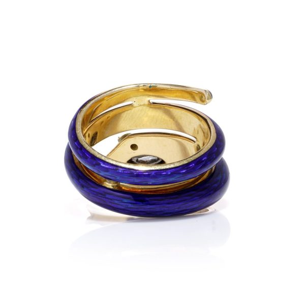 Diamond and enamel snake ring in gold. 