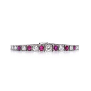 Natural Burma Ruby and Diamond Line Bracelet in Platinum, individual square shaped articulated links set with 4.65cts round brilliant-cut diamonds and 2.22cts oval natural no heat Burma rubies