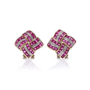 Vintage ruby and diamond earrings in gold.